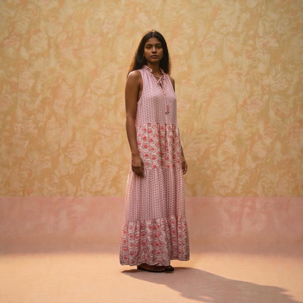Boho Pink Abstract Print Tie Neck Sleeveless Maxi Dress Summer Tiered Dress